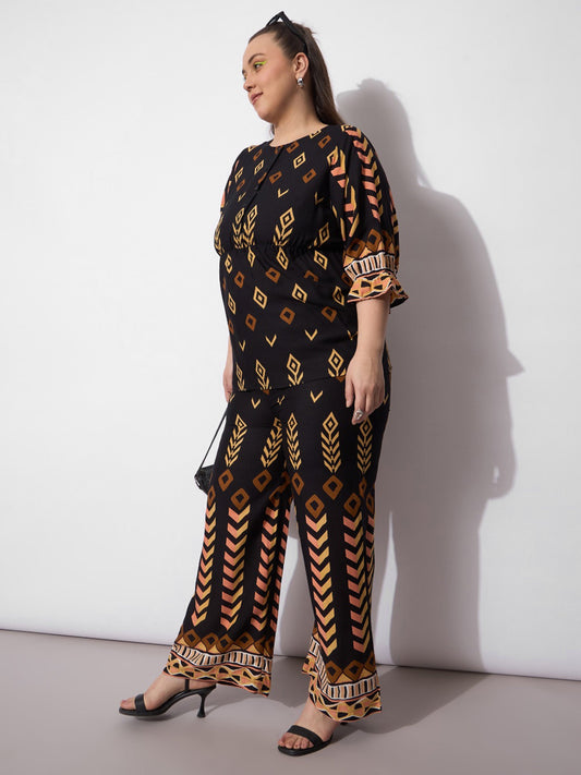 Women Black Geometric Peplum Top With Pants