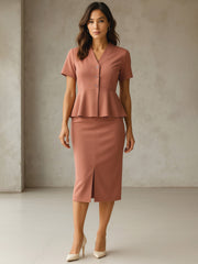 Women Rust Peplum Top With Midi Slit Skirt