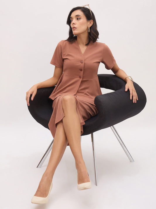Women Rust Peplum Top With Midi Slit Skirt