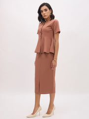 Women Rust Peplum Top With Midi Slit Skirt