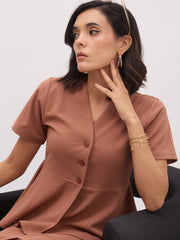 Women Rust Peplum Top With Midi Slit Skirt