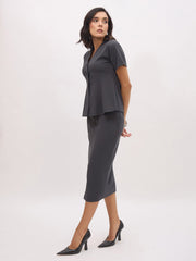 Women Grey Peplum Top With Midi Slit Skirt