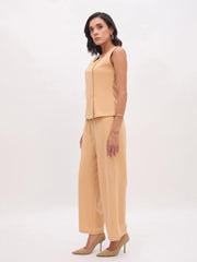 Women Beige Sleeveless Button Top With Straight Pants