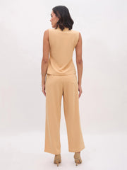 Women Beige Sleeveless Button Top With Straight Pants