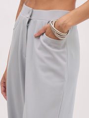 Women Grey Sleeveless Button Top With Straight Pants