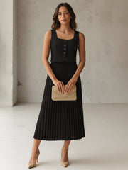 Women Black Sleeveless Waistcoat With Midi Skirt