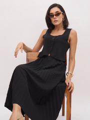 Women Black Sleeveless Waistcoat With Midi Skirt