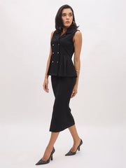 Women Black Sleeveless Notched Button Top With Skirt