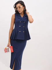 Women Blue Sleeveless Notched Button Top With Skirt