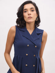 Women Blue Sleeveless Notched Button Top With Skirt