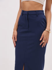Women Blue Sleeveless Notched Button Top With Skirt