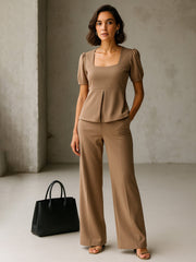 Women Beige Front Slit Top With Straight Pants