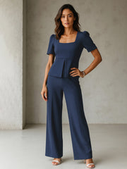 Women Blue Front Slit Top With Straight Pants