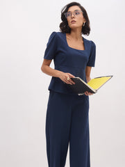 Women Blue Front Slit Top With Straight Pants