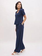 Women Blue Front Slit Top With Straight Pants