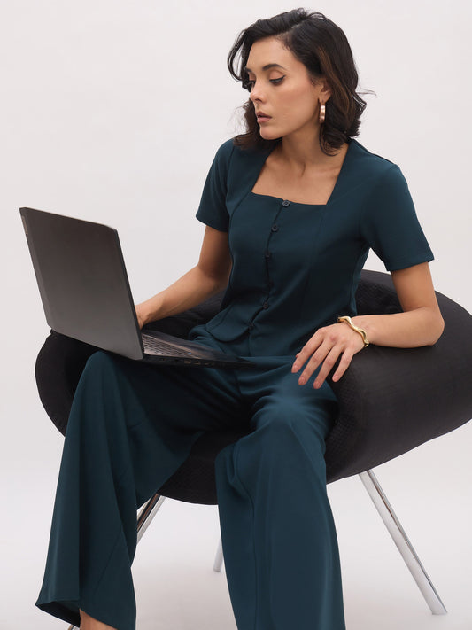 Women Emerald Green Button Top With Cross Pocket Pants