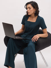 Women Emerald Green Button Top With Cross Pocket Pants