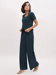 Women Emerald Green Button Top With Cross Pocket Pants