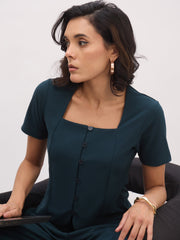 Women Emerald Green Button Top With Cross Pocket Pants