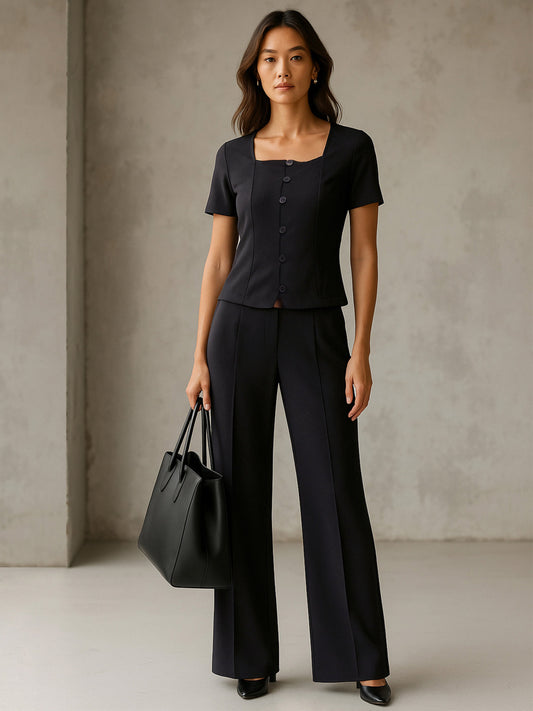 Women Black Button Top With Cross Pocket Pants