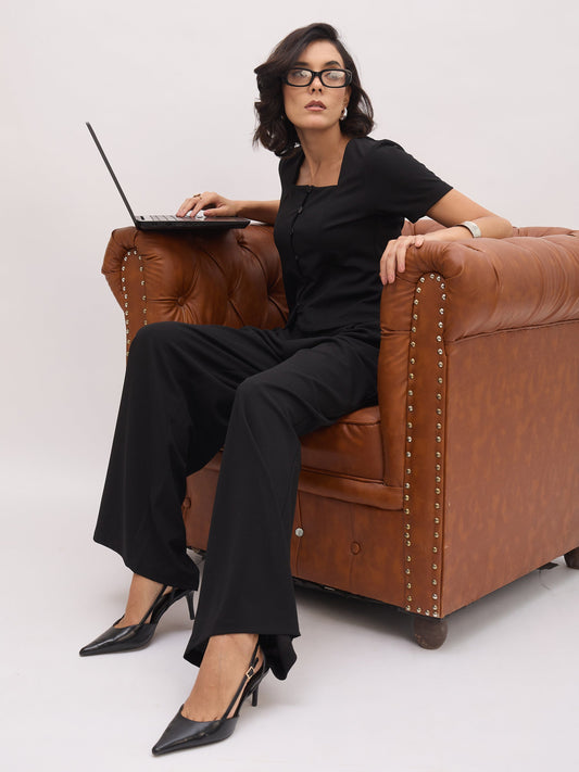 Women Black Button Top With Cross Pocket Pants