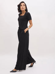 Women Black Button Top With Cross Pocket Pants
