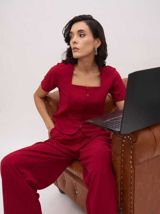 Women Maroon Button Top With Cross Pocket Pants