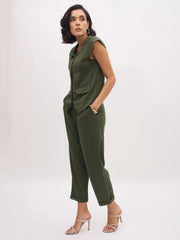 Women Olive PeterPan Cap Sleeve Button Top With Trousers