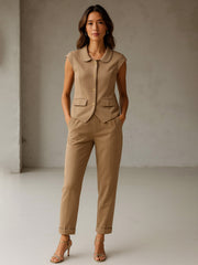 Women Beige PeterPan Cap Sleeve Button Top With Trousers