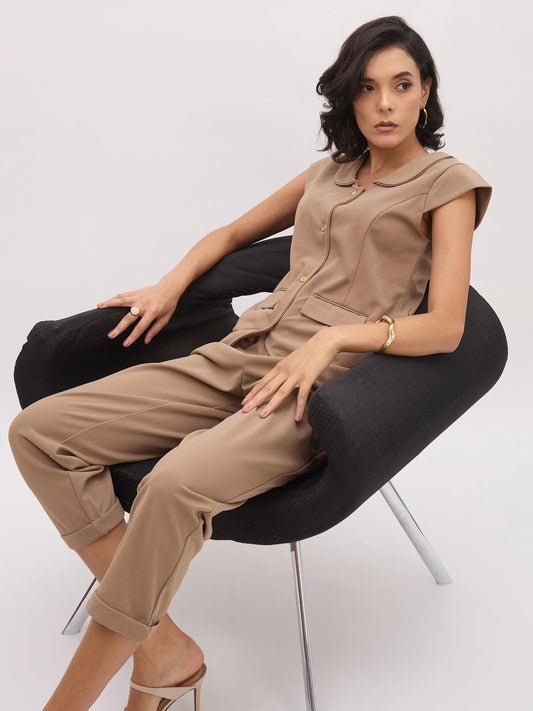 Women Beige PeterPan Cap Sleeve Button Top With Trousers