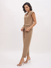 Women Beige PeterPan Cap Sleeve Button Top With Trousers