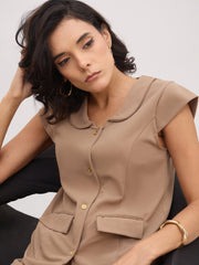 Women Beige PeterPan Cap Sleeve Button Top With Trousers