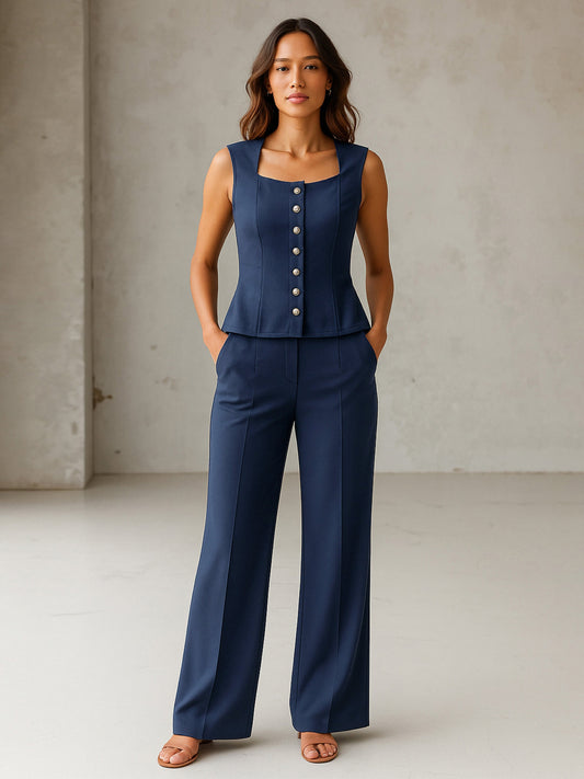 Women Blue Rhombus Neck Top With Cross Pocket Pants