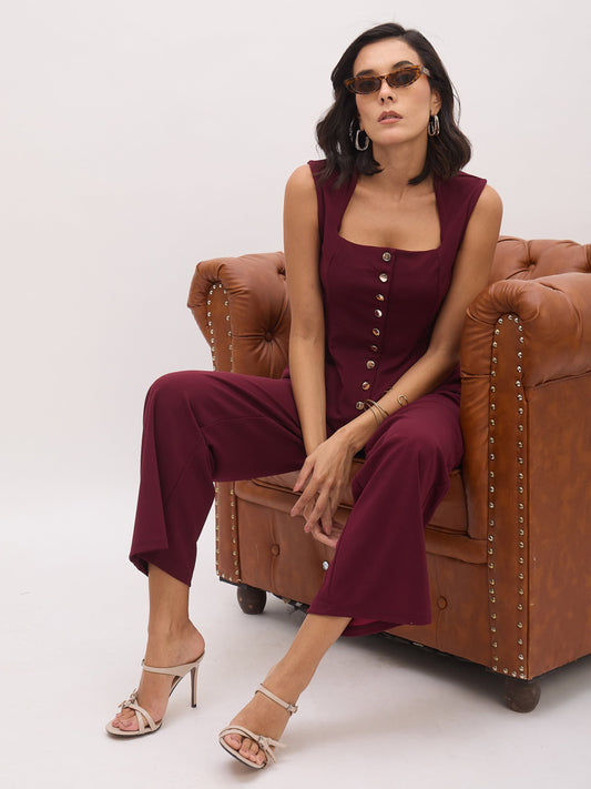 Women Burgundy Rhombus Neck Top With Cross Pocket Pants