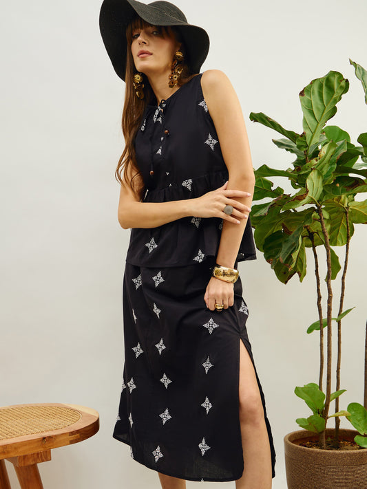 Women Black Embroidered Top With Flared Midi Skirt