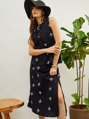 Women Black Embroidered Top With Flared Midi Skirt