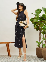 Women Black Embroidered Top With Flared Midi Skirt