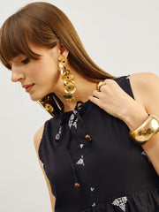 Women Black Embroidered Top With Flared Midi Skirt