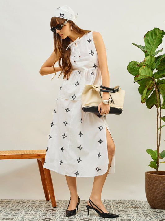 Women White Embroidered Top With Flared Midi Skirt