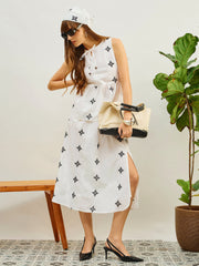 Women White Embroidered Top With Flared Midi Skirt