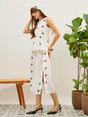 Women White Embroidered Top With Flared Midi Skirt