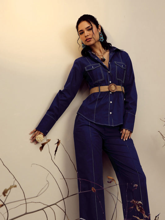 Women Navy Poplin Belted Shirt With Straight Pants