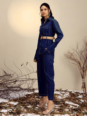 Women Navy Poplin Belted Shirt With Straight Pants
