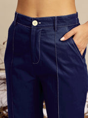 Women Navy Poplin Belted Shirt With Straight Pants