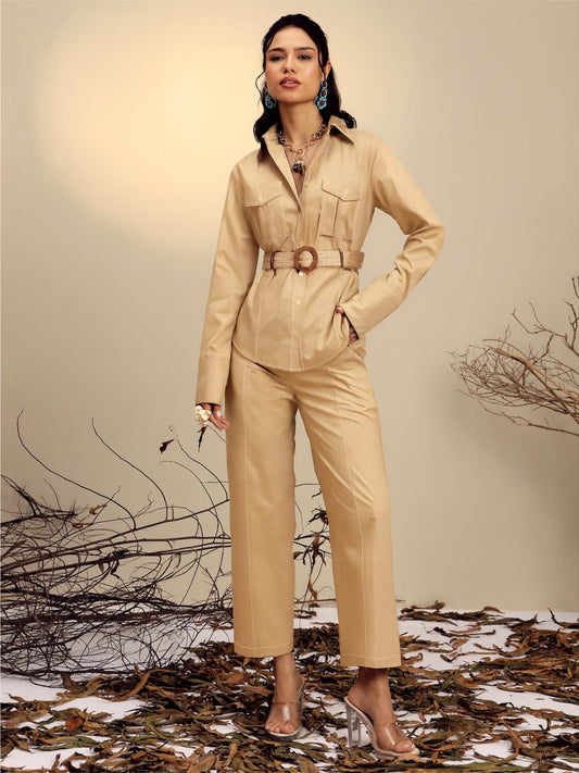 Women Beige Poplin Belted Shirt With Straight Pants