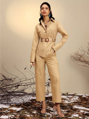 Women Beige Poplin Belted Shirt With Straight Pants