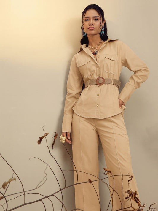 Women Beige Poplin Belted Shirt With Straight Pants