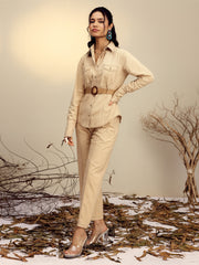 Women Beige Poplin Belted Shirt With Straight Pants