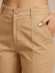 Women Beige Poplin Belted Shirt With Straight Pants