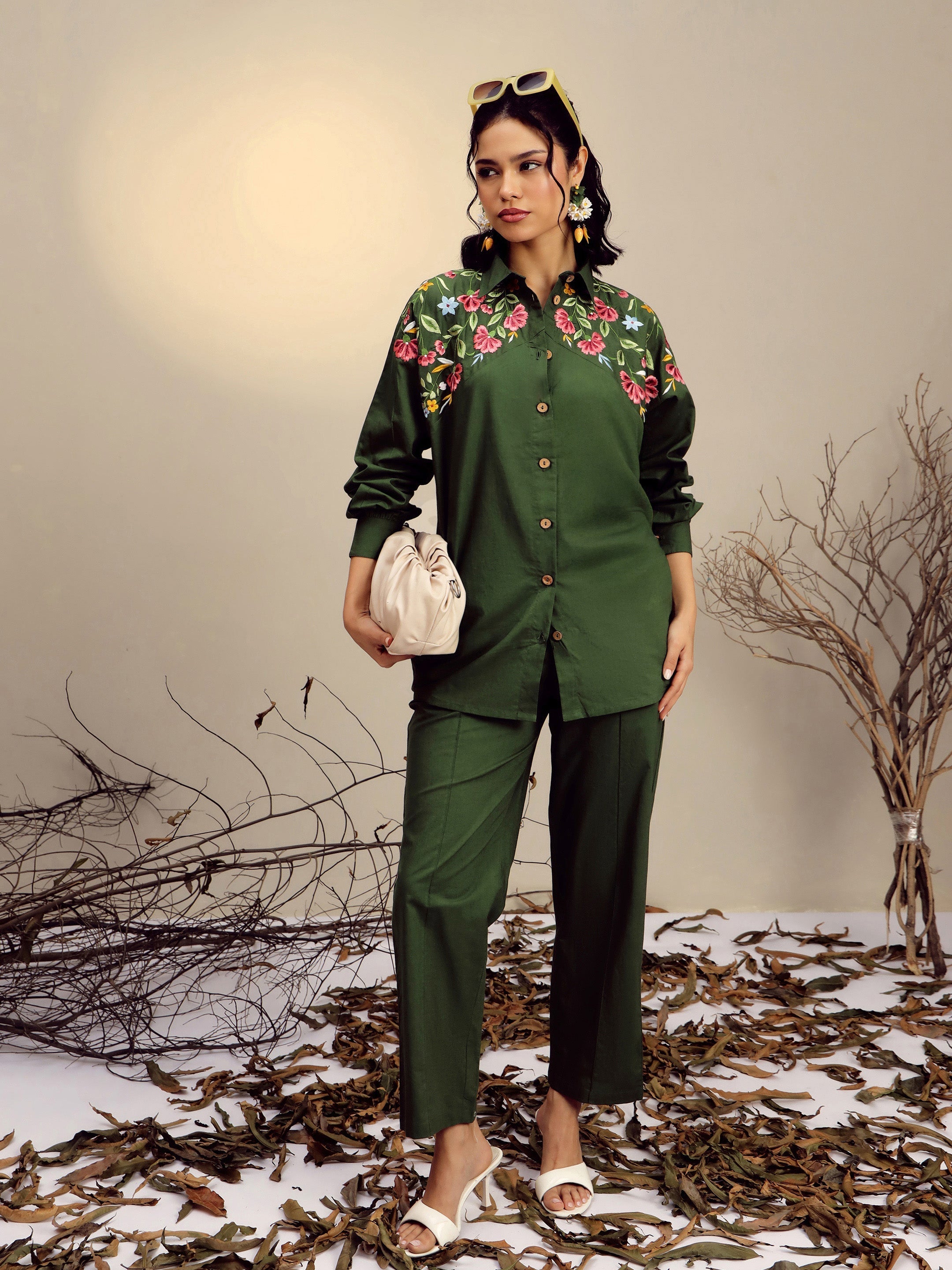 Olive Poplin Embroidered Shirt With Pencil Pants Pink Paprika By SASSAFRAS